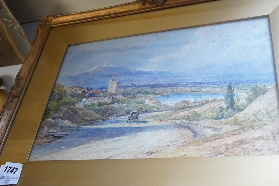 Louis Laurent Raze (1805-1872), Continental views to include Lake Como, one signed and dated 1868, three watercolours, largest 24 x 36cm, together with a print of a stained glass window, map of Montgomery and a 19th cent